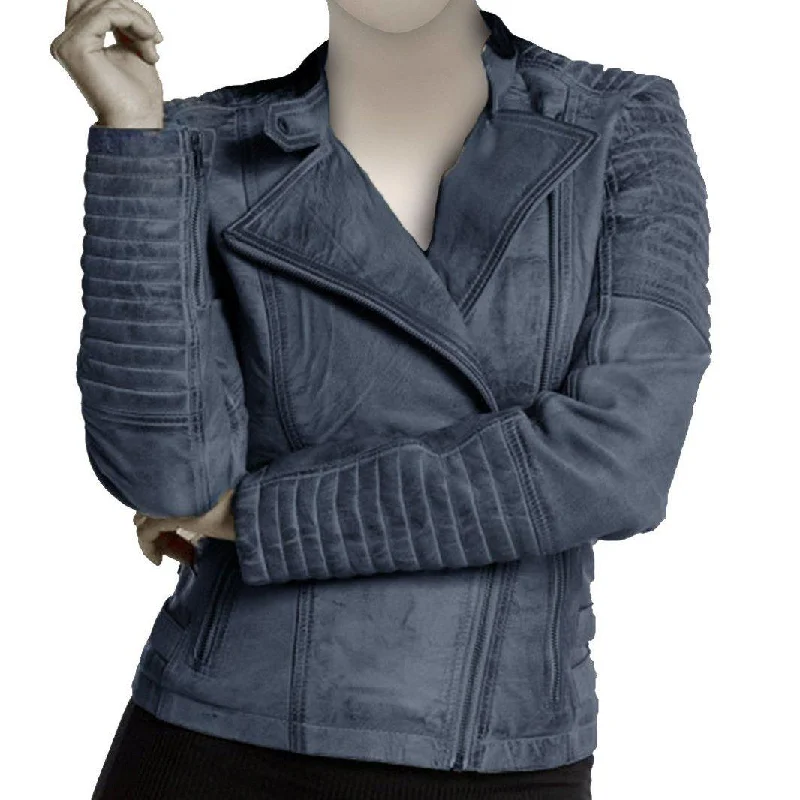 Stylish Grey Leather Jacket for Women with Long Sleeves - Women Leather Jacket Toggled Jacket Drawstring Jacket Belted Jacket