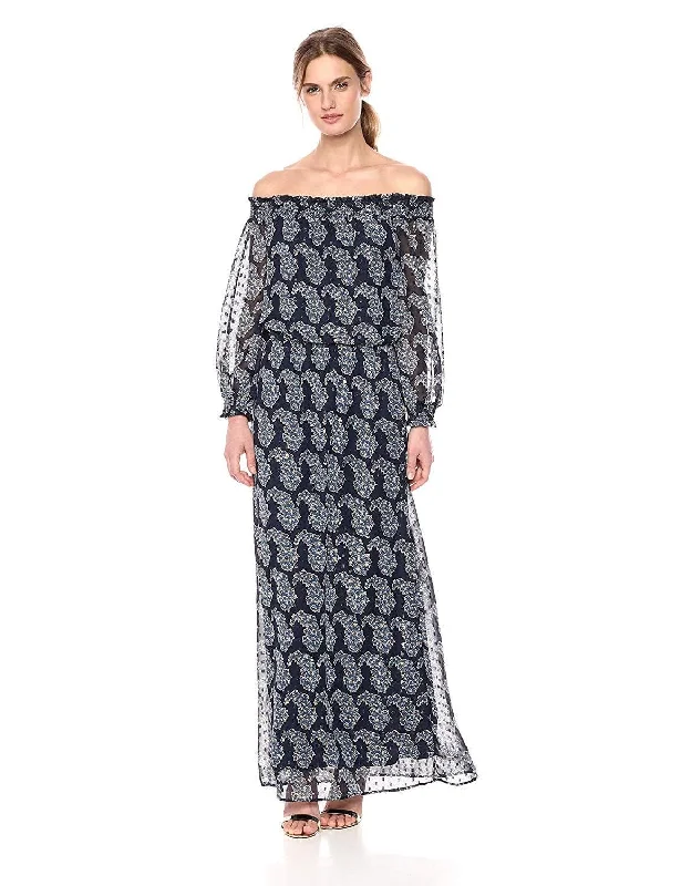Taylor - 9604M Off Shoulder Printed Chiffon Maxi Dress Stylish A-Line Maxi Dress