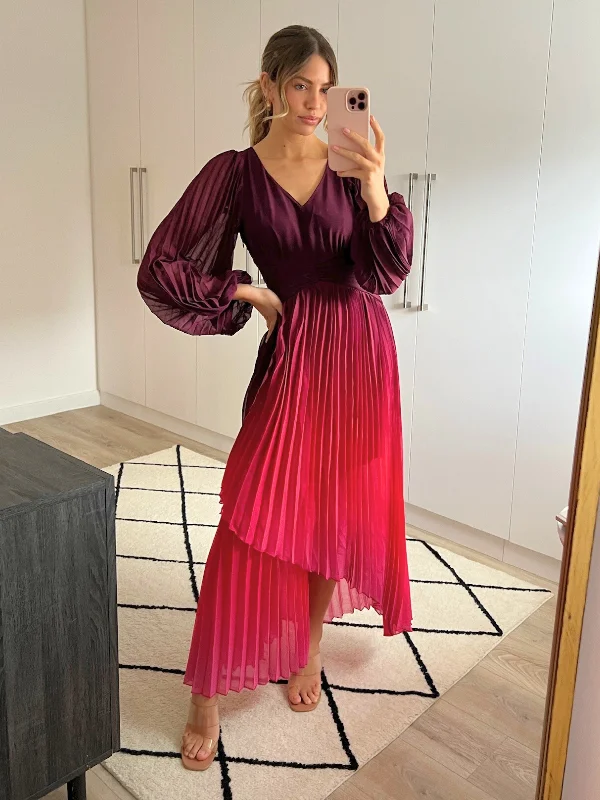 Toni Long Sleeved Pleated Maxi Dress / Mulberry & Pink Ombre Comfortable Fit-and-Flare Maxi Dress Toni Long Sleeved Pleated Maxi Dress / Mulberry & Pink Ombre Comfortable Fit-and-Flare Maxi Dress