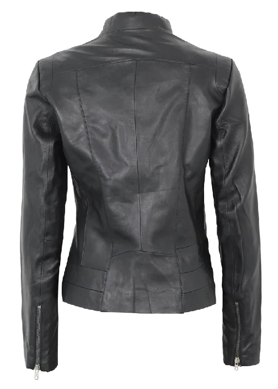 Tresa Women Black Fitted Leather Jacket Faux Fur Jacket Real Fur Jacket Shearling Jacket