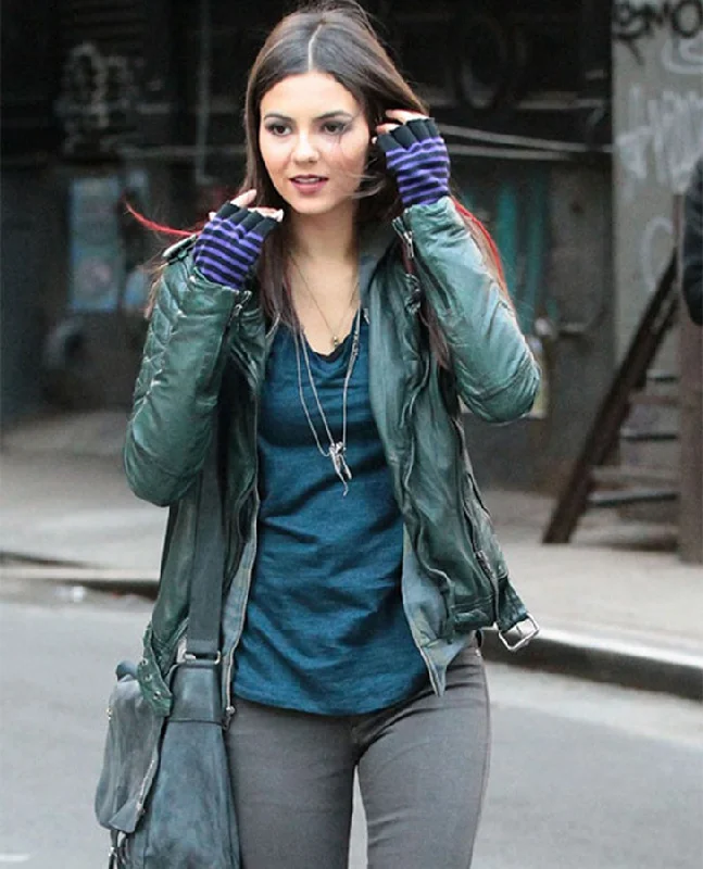 Victoria Justice Green Leather Jacket Insulated Jacket Fitted Jacket Loose Jacket
