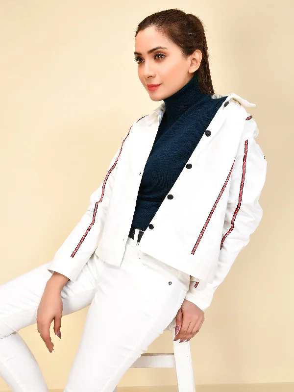 Embroidered Denim Jacket - White Insulated Jacket Fitted Jacket Loose Jacket