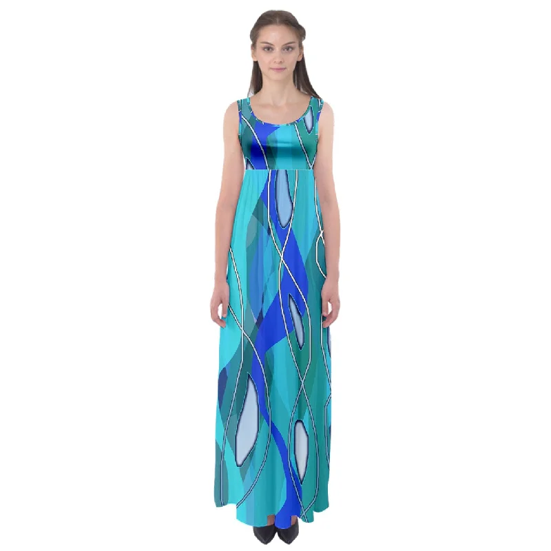 Wavy Blue Empire Waist Maxi Dress Cozy Open-Back Maxi Dress