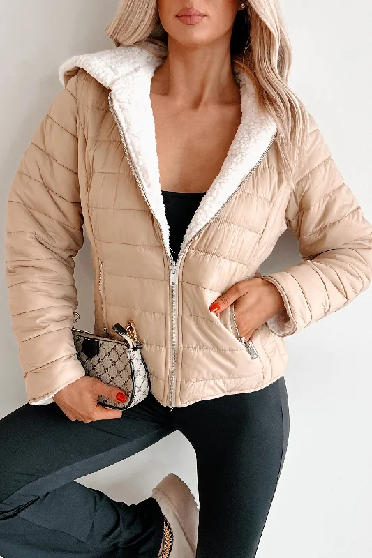 DOORBUSTER Winter's Kiss Reversible Sherpa Lined Puffer Jacket (Khaki) Front Pockets Side Pockets Patch Pockets