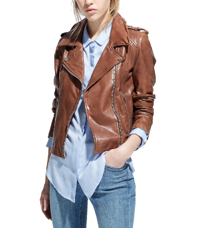 Women Admiry Biker Brown Leather Jackets Cotton Fabric Linen Fabric Terry Fabric