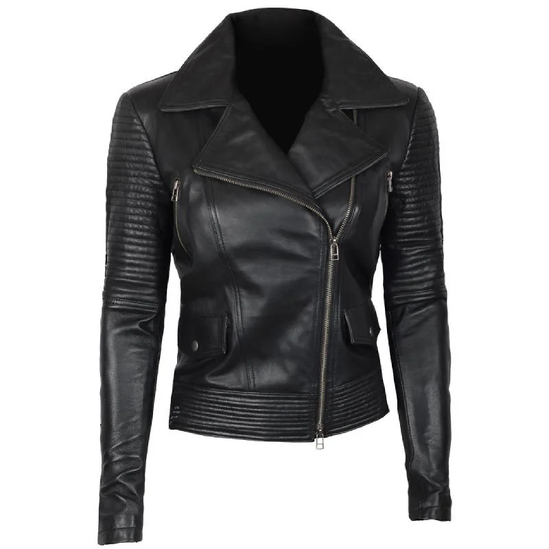 Women Black Asymmetrical Biker Quilted Leather Jacket Hoodie Zip-Up Jacket Button-Up Jacket