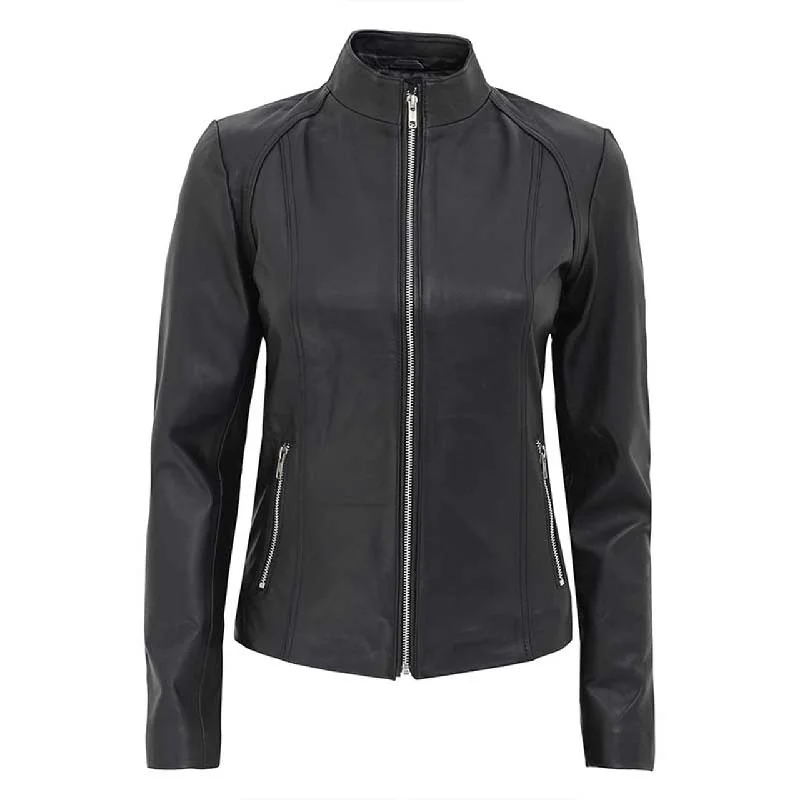 Women Black Leather Cafe Racer Jacket Knit Fabric Woven Fabric Fleece Fabric