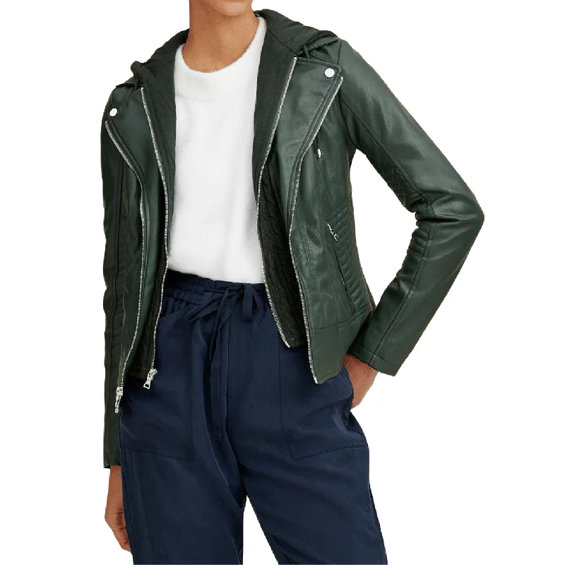 Women Stylish Hooded and Quilted Green Sheepskin Leather Jacket Trench Coat Raincoat Waterproof Jacket