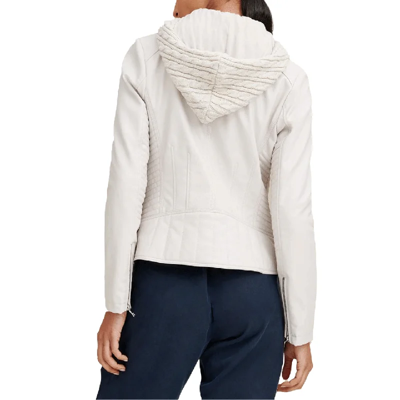 Women Stylish Hooded and Quilted White Sheepskin Leather Jacket Jacket Blazer Coat