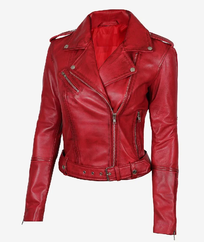 Womens Asymmetrical Leather Red Biker Jacket Welt Pockets Slit Pockets Flap Pockets