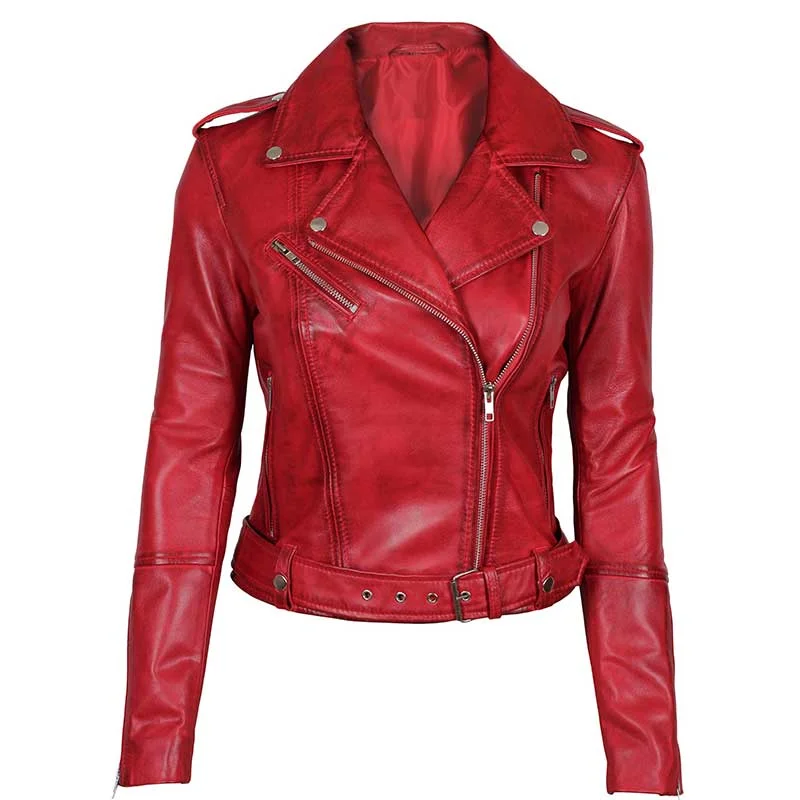 Womens Asymmetrical Leather Red Biker Jacket Insulated Jacket Fitted Jacket Loose Jacket