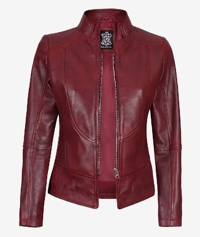 Womens Biker Maroon Leather Jacket Embroidered Jacket Appliqued Jacket Beaded Jacket