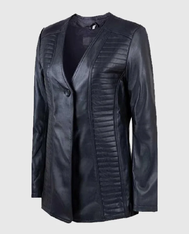 Women's Black Collarless Long Jacket Collared Jacket Crew Neck Jacket Turtle Neck Jacket