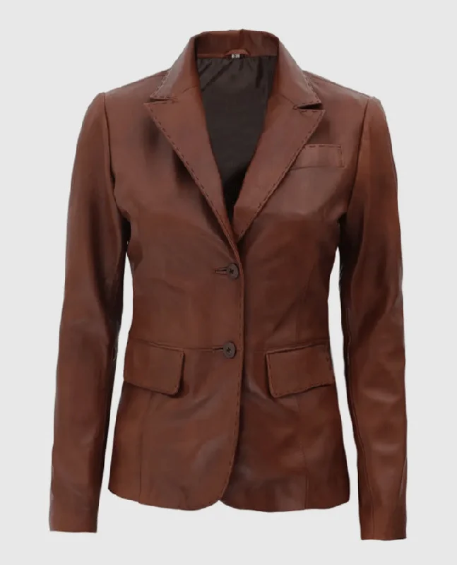Women's Brown Two Button Leather Blazer Jacket Fleece Jacket Down Jacket Parka