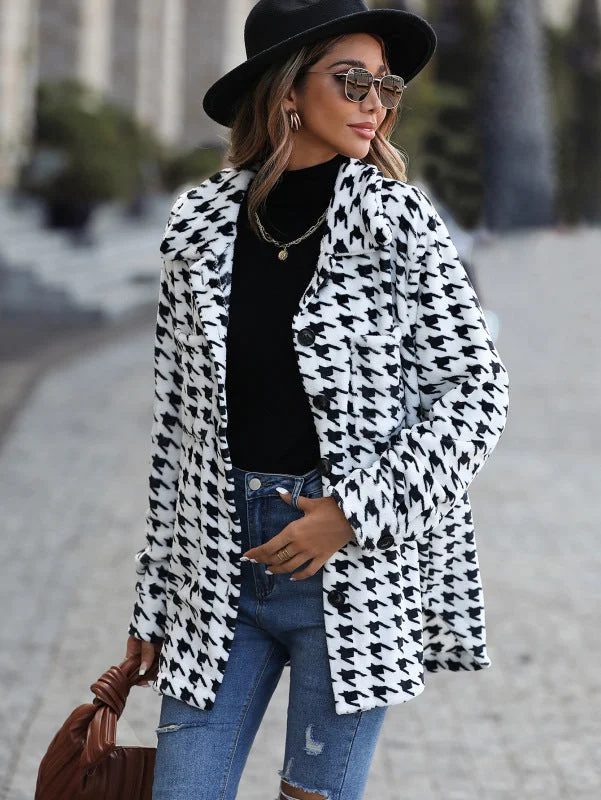 Women's Dogtooth Print Button Up Jacket Hoodie Zip-Up Jacket Button-Up Jacket