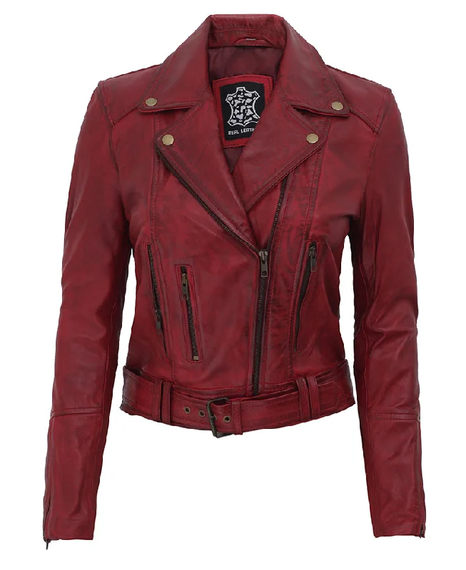 Womens Maroon Leather Motorcycle Jacket Jersey Jacket Tulle Jacket Batik Jacket