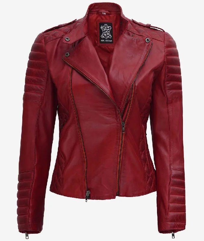 Womens Padded Asymmetrical Red Leather Moto Jacket Satin Jacket Silk Jacket Chiffon Jacket