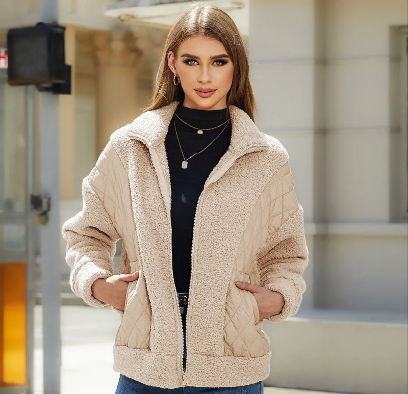 Women's Patchwork Sherpa Style Zip Up Jacket Faux Fur Fabric Real Fur Fabric Shearling Fabric