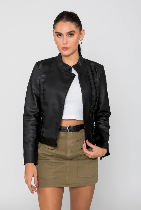 Women's Skylar Biker PU Faux Leather Jacket Herringbone Jacket Houndstooth Jacket Plaid Jacket