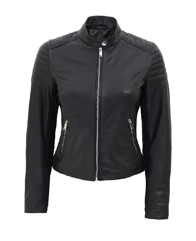 Womens Slim Fit Leather Jacket Black Zippered Front Buttoned Front Snap Front