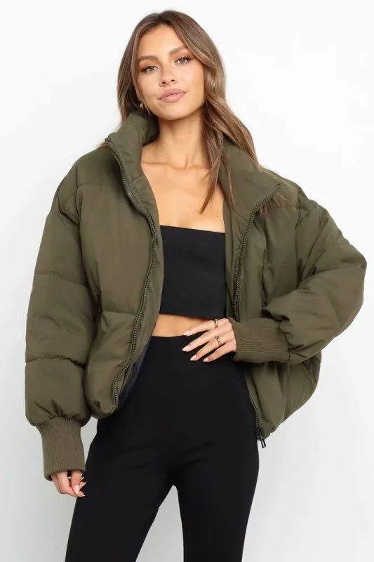 Women's Stand Collar Zip Up Puffer Jacket With Pockets Print Jacket Jacquard Jacket Embroidered Jacket