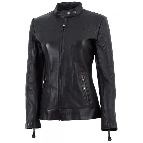 Women's Super Cafe Racer Black Ladies Leather Jacket (Best Selling) Chenille Fabric Brocade Fabric Lace Fabric