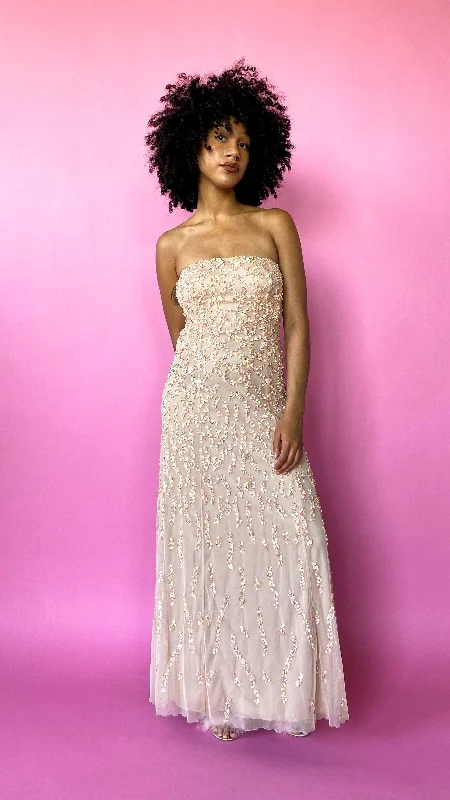 Y2K Nude Sequin Maxi Dress, sz. XS Elegant Maxi Dress with Drapes