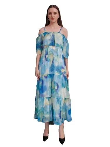 Zink London Women's Blue Abstract Flared Maxi Dress Cozy Maxi Dress with Slit