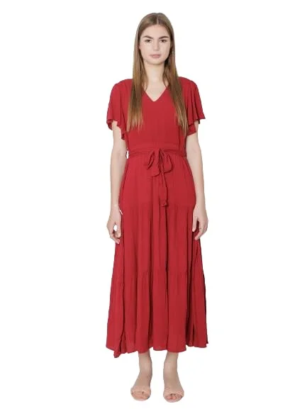 Zink London Women's Maroon Solid Regular Fit Maxi Dress Comfortable Plunging Neckline Maxi Dress Zink London Women's Maroon Solid Regular Fit Maxi Dress Comfortable Plunging Neckline Maxi Dress