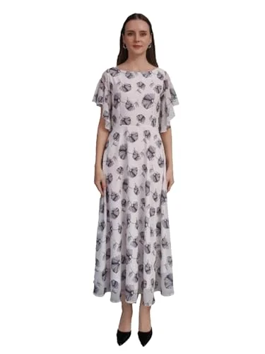 Zink London Women's White Printed Flared Maxi Dress Trendy Button Front Maxi Dress