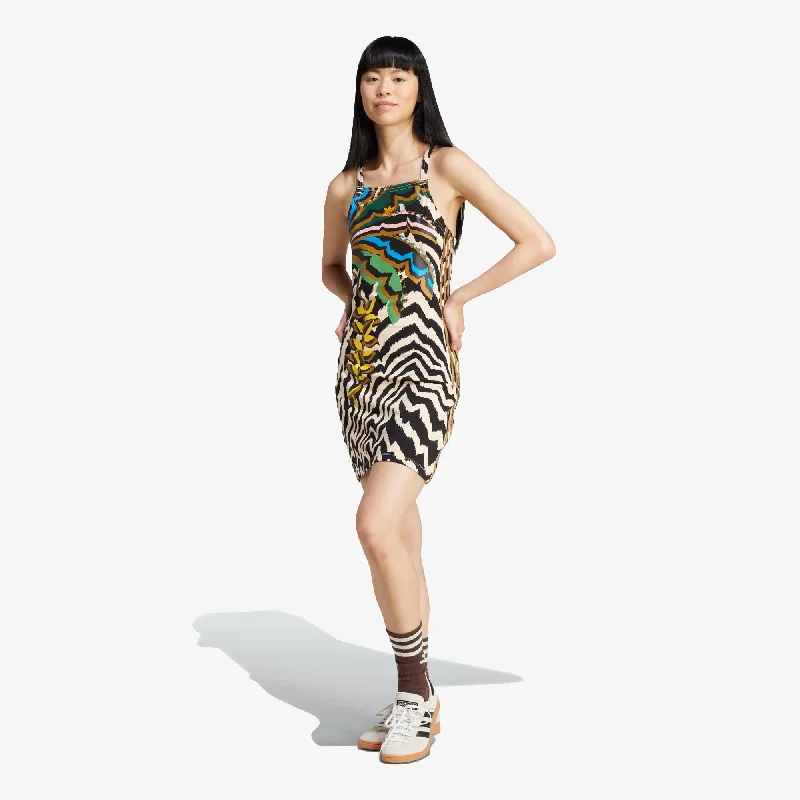 ADIDAS ORIGINALS | WMN'S X FARM RIO 3-STRIPES MINI DRESS { CRYSTAL SAND Stylish Short-Sleeve Mini Dress