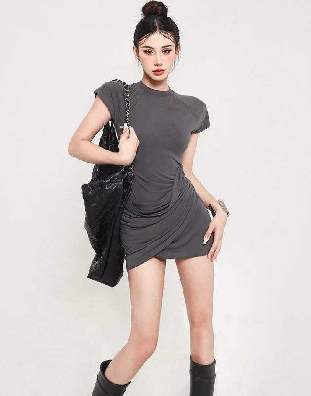 Amaris Solid Color Casual Slim Short Sleeve Openwork Layered Mini Dress Elegant Off-Shoulder Dress Mini