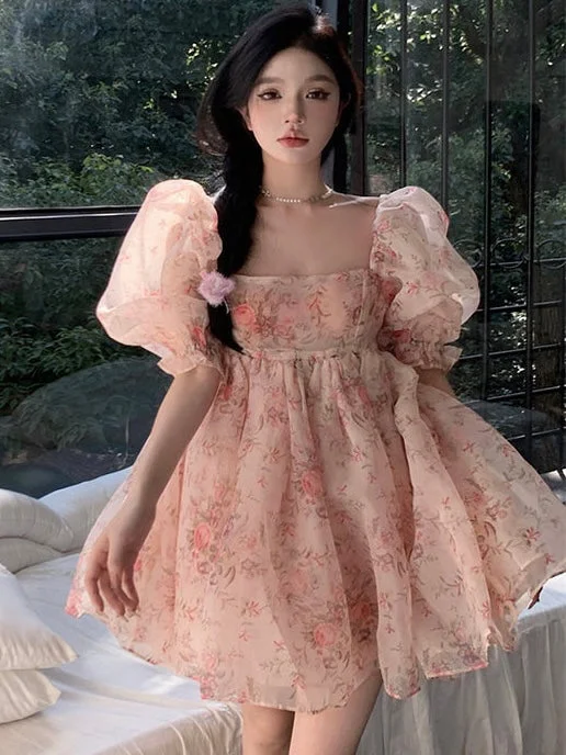 Anabelen Sweet Floral Square Neck Short Puffed Sleeve French Ballet Style Puff Mini Dress Fashionable Mini Dress with Frills