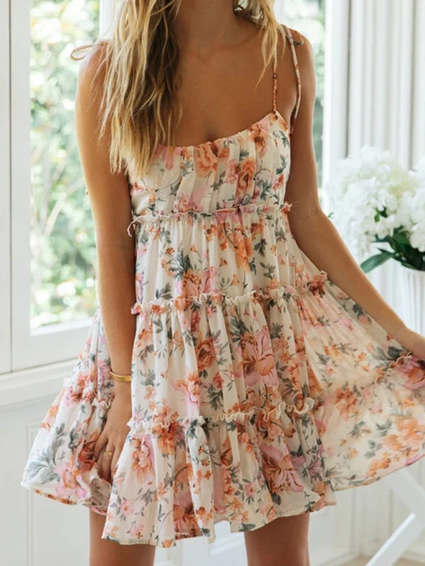 Blue Zone Planet | Floral printed spaghetti strap tiered mini dress Casual V-Neck Mini Dress