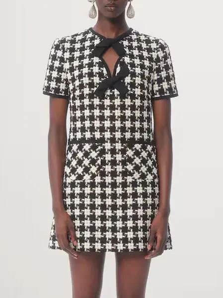 Bow-Detail Black and White Houndstooth Tweed Mini Dress Comfortable Wrap Mini Dress