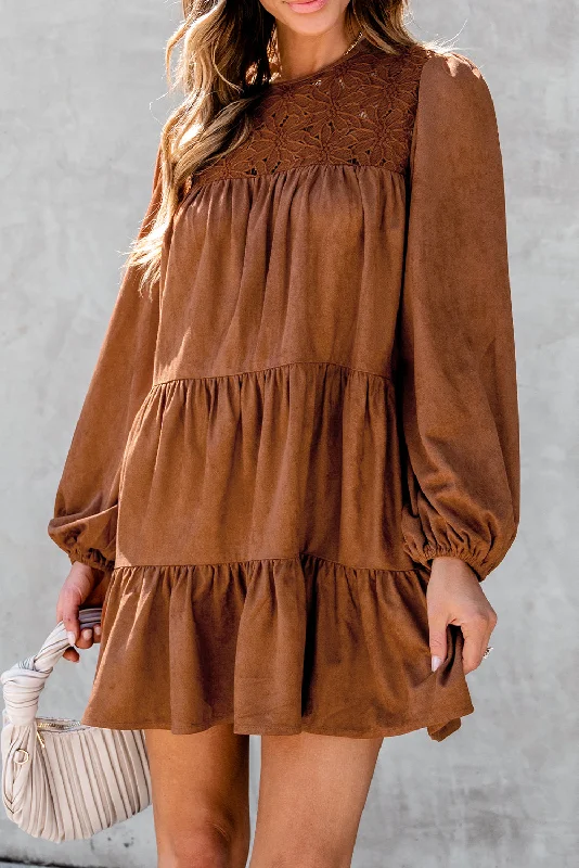 Blue Zone Planet |  Chestnut Floral Lace Crochet Tiered Ruffle Mini Dress Fashionable Mini Dress with Frills