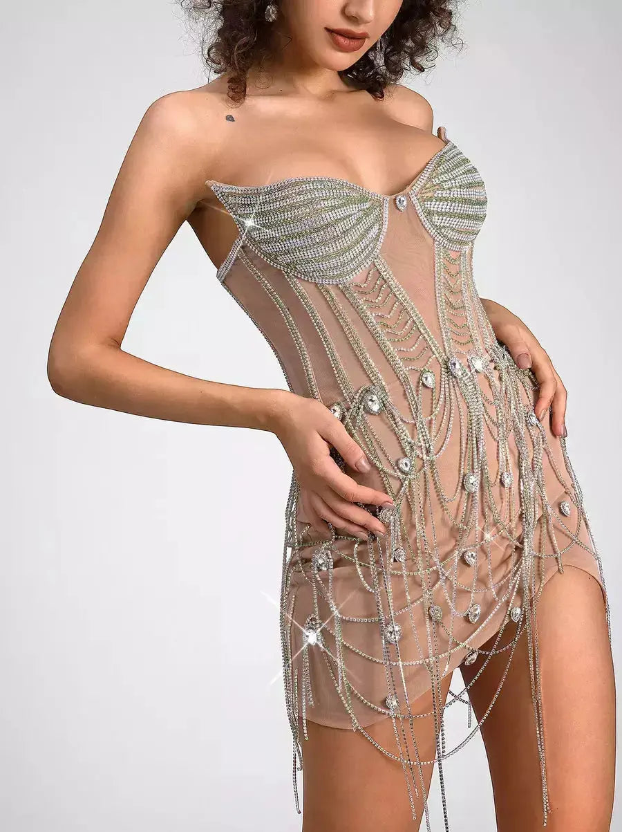 Crystal Chain Embellished Corset Mini Dress Comfortable Shift Mini Dress
