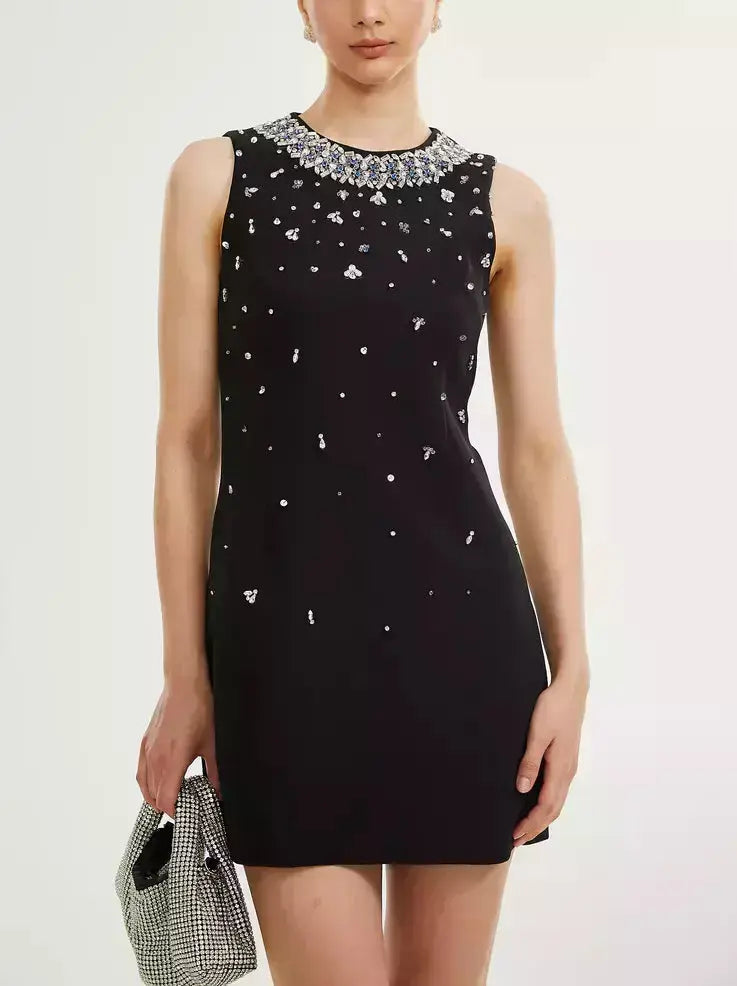 Crystal-Embellished Sleeveless Mini Dress in Black Classic Casual Mini Dress