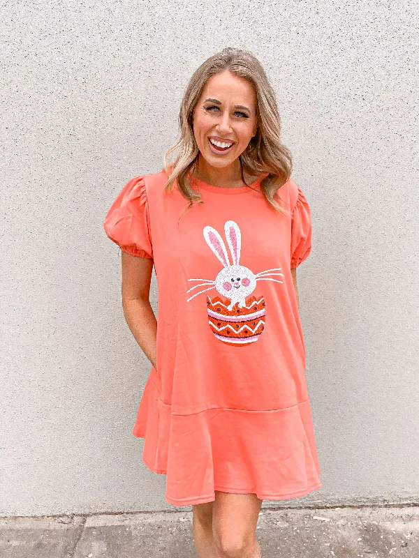 Easter Bunny Sequin Patch Coral Mini Dress-FINAL SALE Trendy Button-Detail Mini Dress