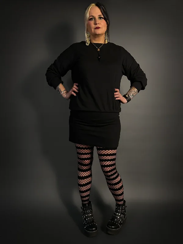 French Terry Long Sleeve Casual Sweatshirt Mini Dress in Black Chic Tropical Mini Dress