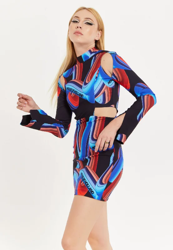 House Of Holland Abstract Print Mini Dress With Cut Out Details And Sleeve Slit Trendy Mini Dress with Belt