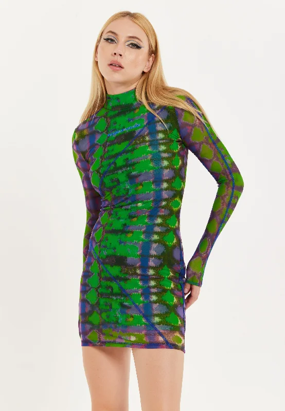 House Of Holland Abstract Snake Print Mini Dress Chic Pleated Mini Dress