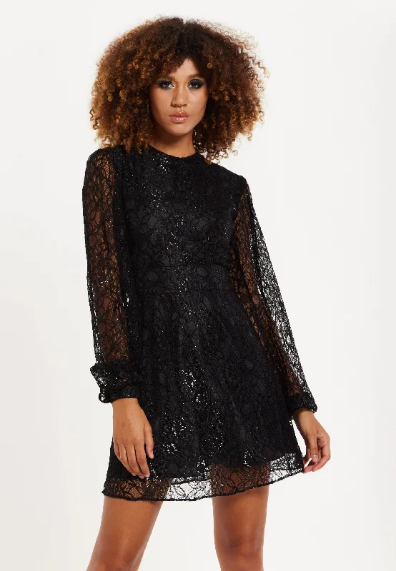 House of Holland Midnight Lace Long-Sleeve Mini Dress Comfortable Shift Mini Dress