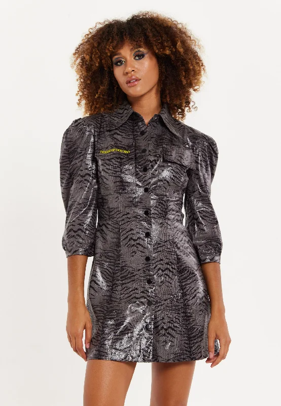 House Of Holland Mini Dress in Grey Wet Look Zebra Stripe Casual High-Waist Mini Dress