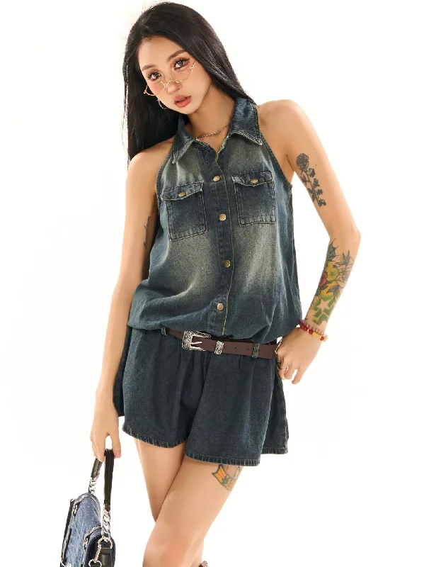 Ianna Denim Washed Sleeveless Lapel Brown Waist Belt Multi-Pocket Mini Dress Stylish Sweetheart Mini Dress