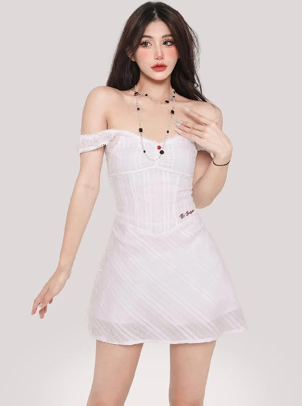 Kelly Solid Color White Lace Off-the-Shoulder Slim V-Neck Mini Dress Casual High-Waist Mini Dress