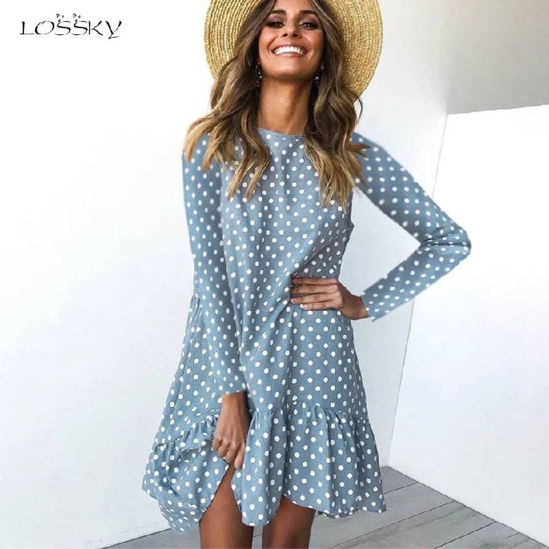 Lossky Polka Dot Print Casual Long Sleeve Mini Dress Chic Halter Mini Dress