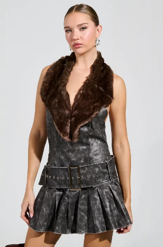 STEPPING OUT PU FUR TRIM MINI DRESS Casual Button-Up Mini Dress