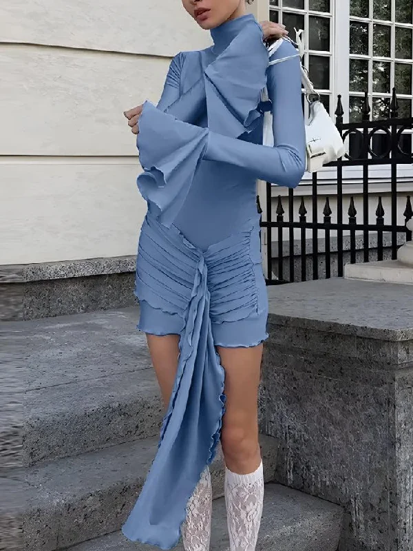Tie Front Turtleneck Mini Dress Elegant Mini Dress with Pleats