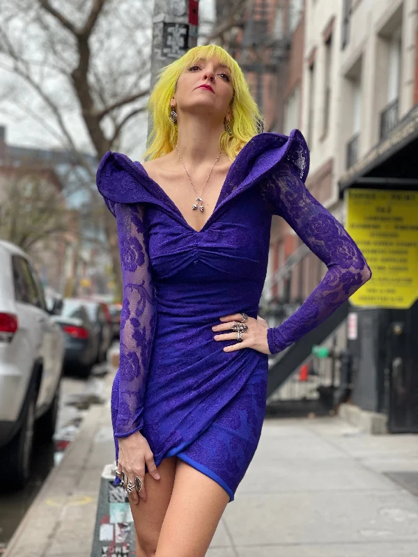 Vintage 80s Dramatic Shoulder Mini Dress Comfortable Zip-Up Mini Dress
